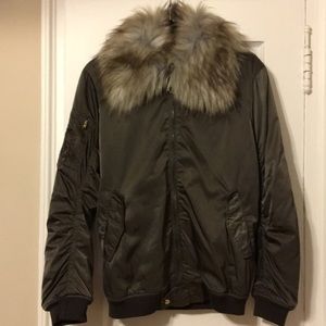 Zara Faux Fur Collar Utility Bomber Jacket